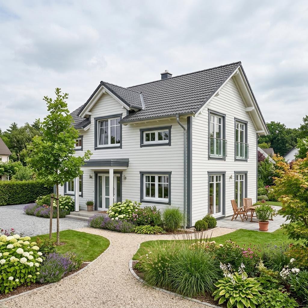 Amerikanisches Holzhaus Nantucket 138 des Herstellers Greenville mit Schindelfassade und Satteldach