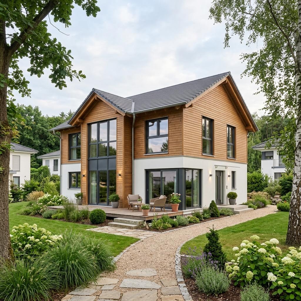 Amerikanisches Holzhaus Raleigh 142 des Herstellers Greenville mit Vordach und Satteldach platzsparend