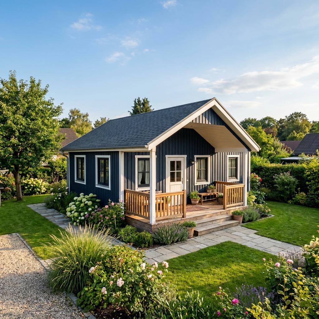 Tiny House Cottage 38 des Herstellers greenville im amerikanischen Cottage-Stil mit Satteldach und Veranda