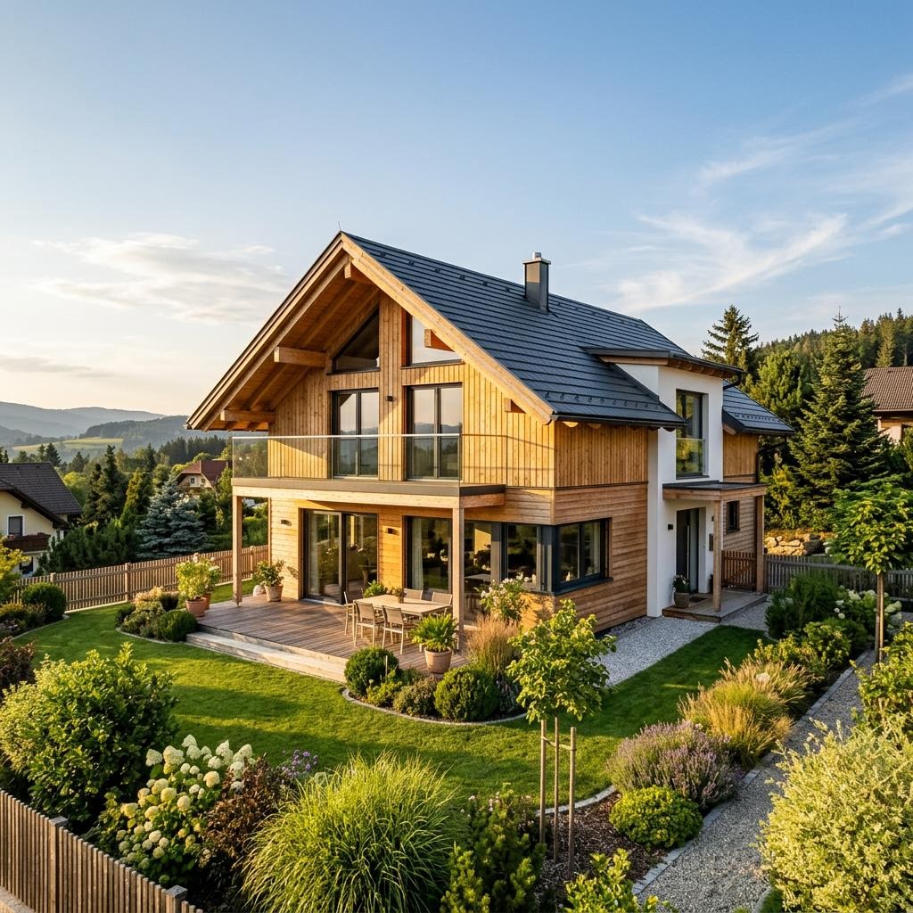 Chalet Chalet Koralpe des Herstellers GRIFFNER mit Satteldach und Holzfassade
