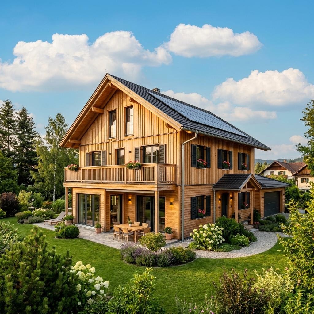 Chalet Chalet Nockberg des Herstellers GRIFFNER mit Satteldach und Holzfassade