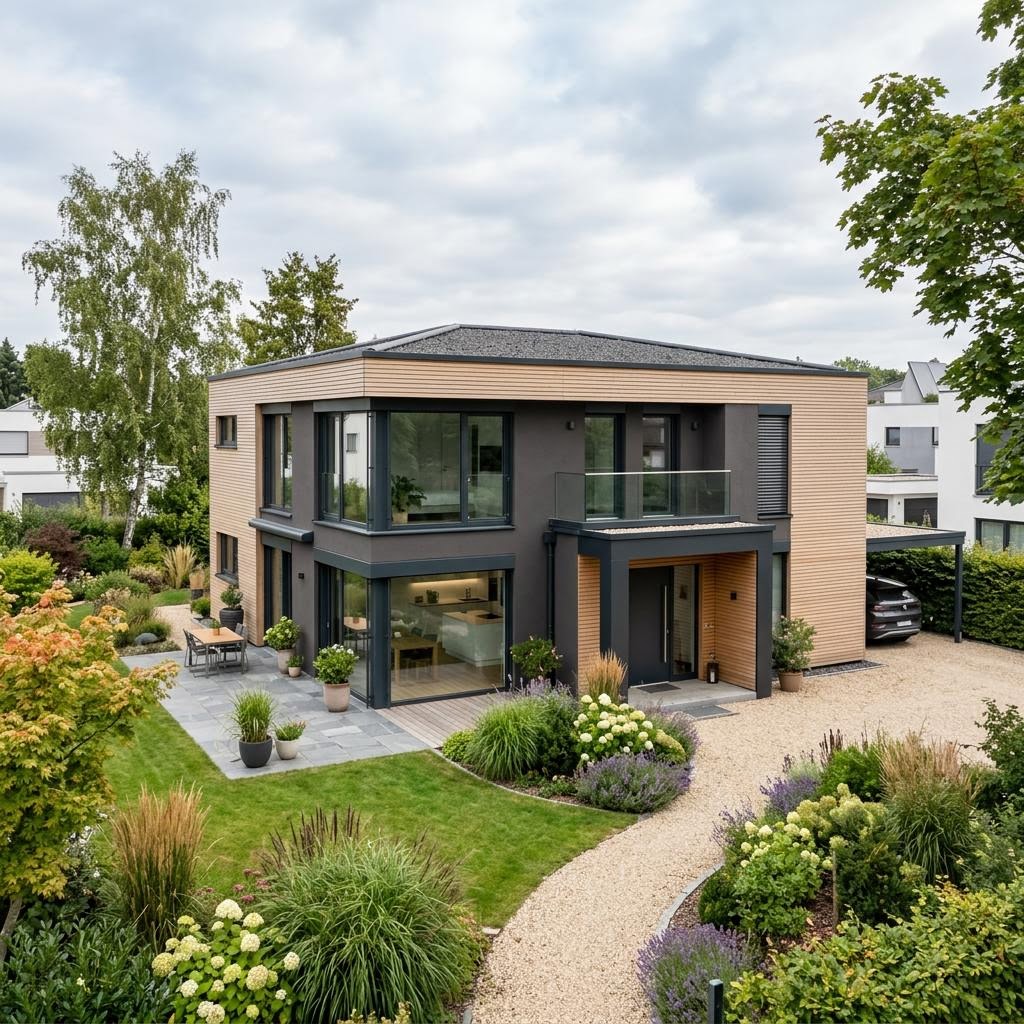 Luxusvilla Designhaus Vento 186 des Herstellers GRIFFNER mit Flachdach und Glasecke