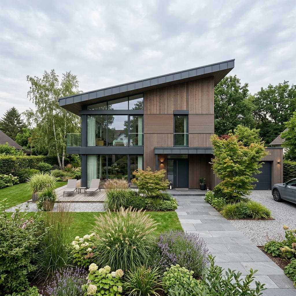 Luxusvilla Villa Chiaro 208 des Herstellers GRIFFNER mit Pultdach und Poolterrasse