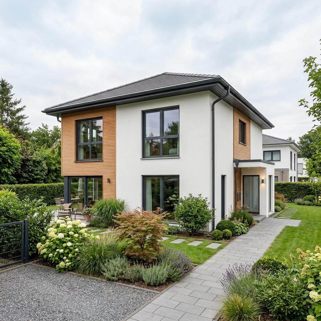 Stadtvilla Aurelia 156 des Herstellers GUSSEK HAUS mit Walmdach und überdachtem Eingang