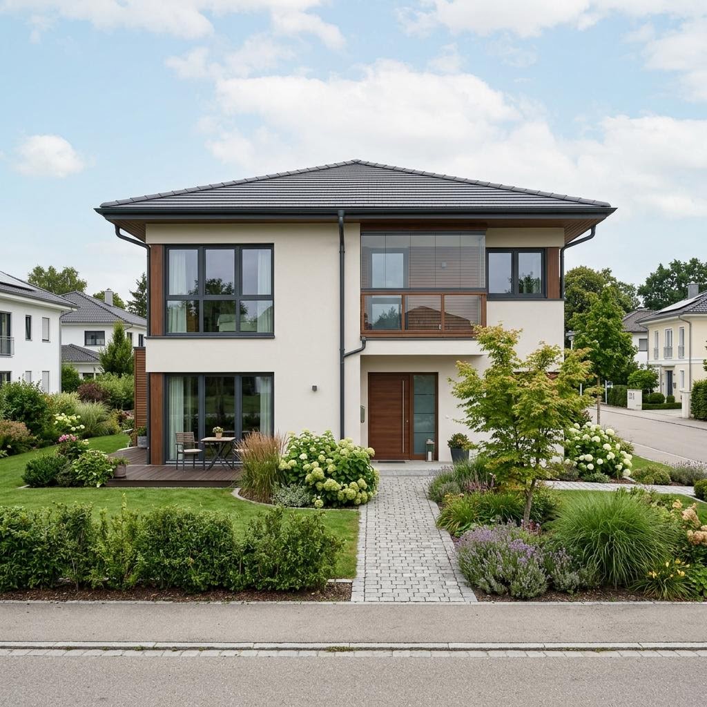 Stadtvilla CityVilla Aurea 168 des Herstellers GUSSEK HAUS mit Walmdach und bodentiefen Fenstern