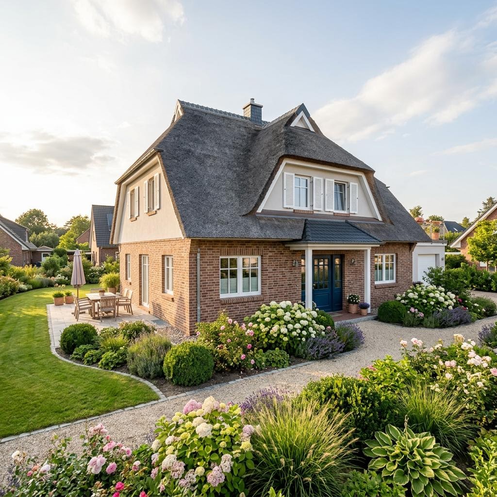 Friesenhaus Deichtraum des Herstellers GUSSEK HAUS mit Reetdach-Optik und Backstein