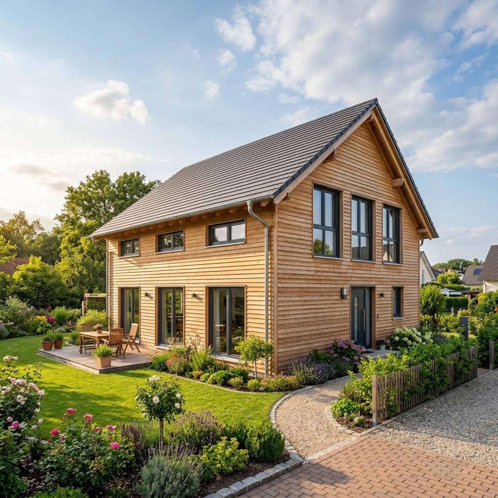 Familienfreundliches Holzhaus Lärchenhof 150 des Herstellers gussek-haus mit Lärchenfassade und Satteldach