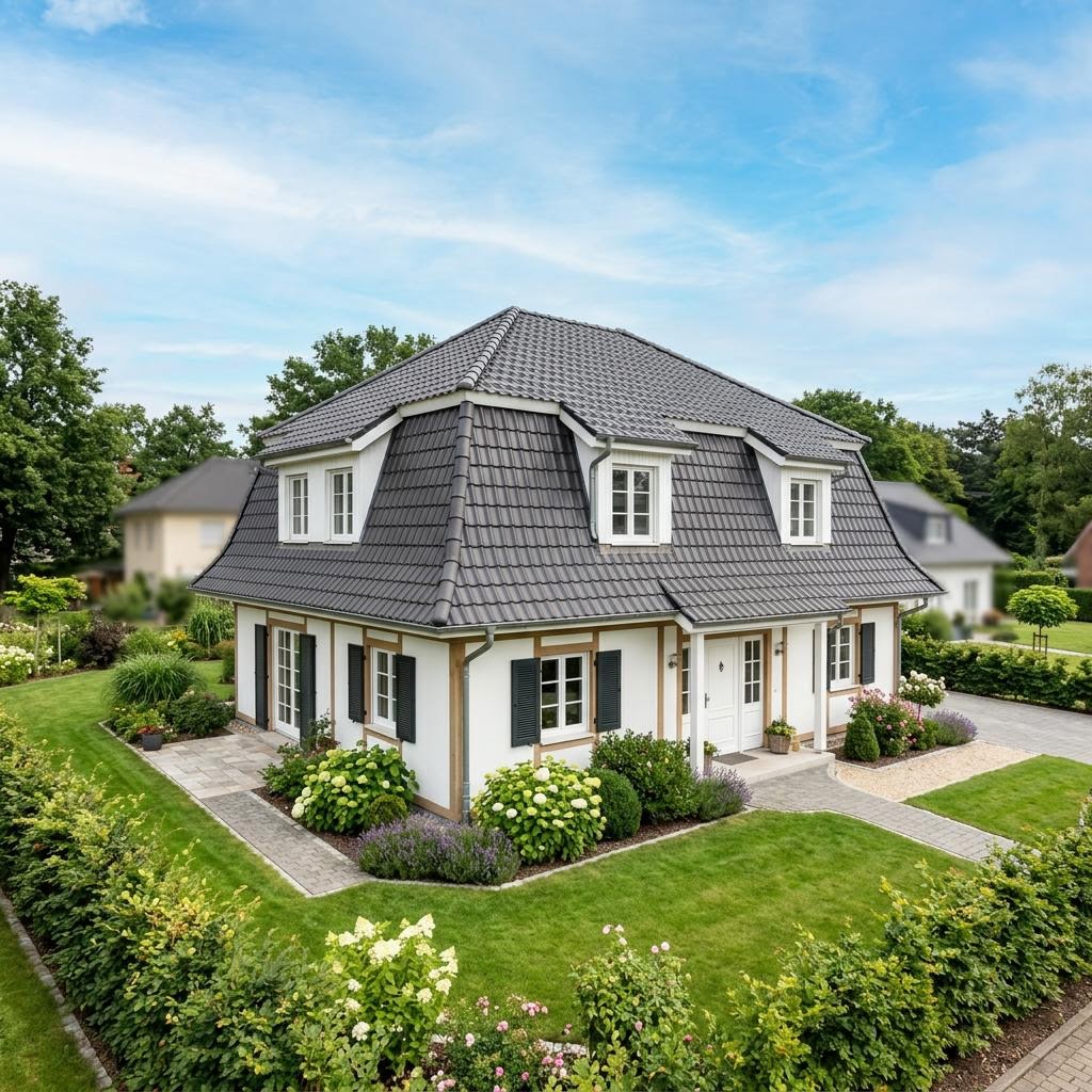 Landhaus Rosenhof 148 des Herstellers GUSSEK HAUS — Fertighausmodell mit rund Mansarddach und 148 m²