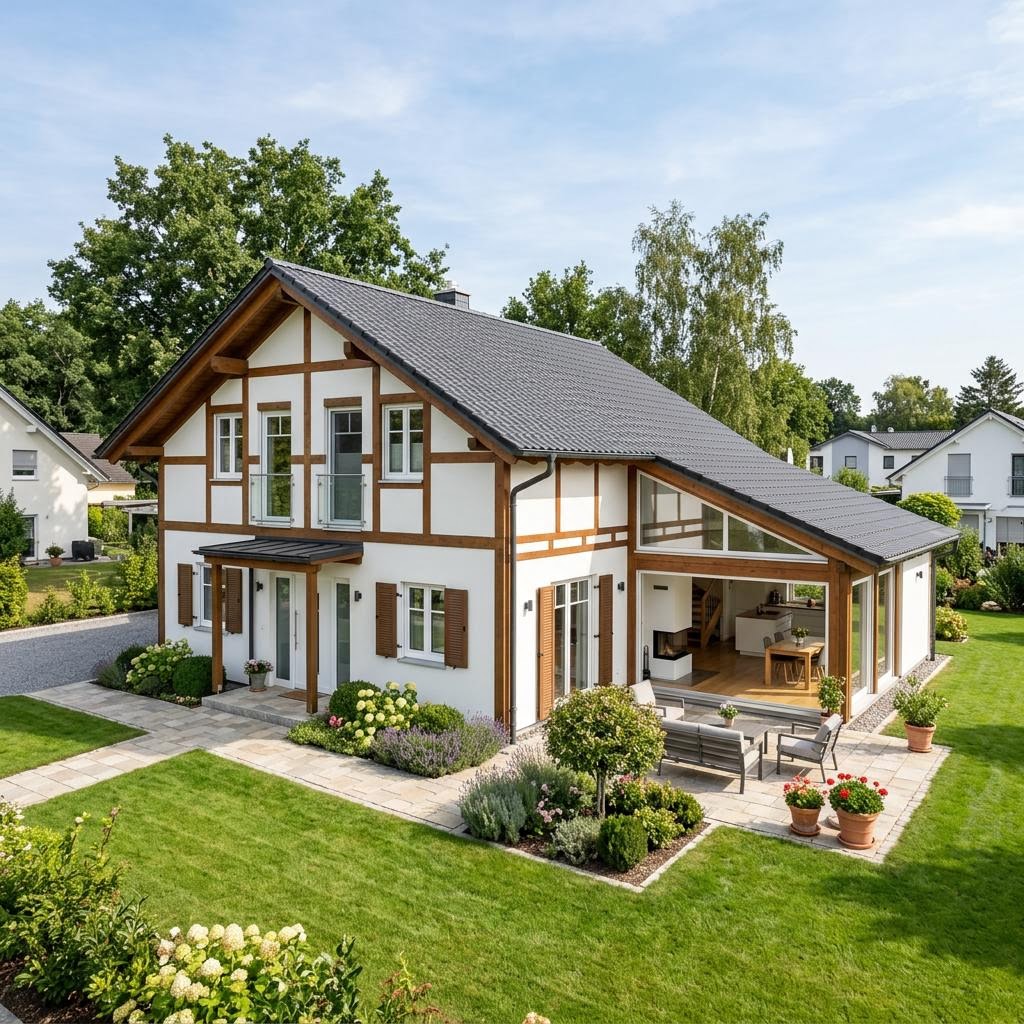 Landhaus Tannenweg 142 des Herstellers GUSSEK HAUS — Fertighausmodell mit rund Schleppdach und 142 m²