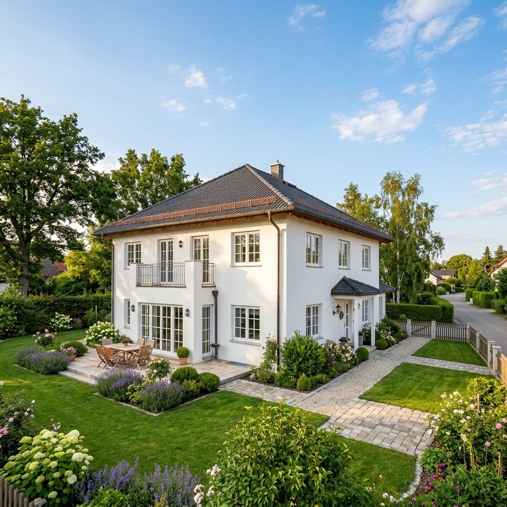 Landhaus Landhaus Wiesengrund des Herstellers GUSSEK HAUS mit weißer Putzfassade und Sprossenfenstern
