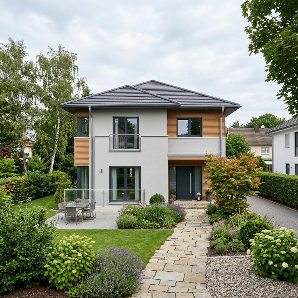 Stadtvilla MetroVilla 158 des Herstellers GUSSEK HAUS mit Erker und Zeltdach