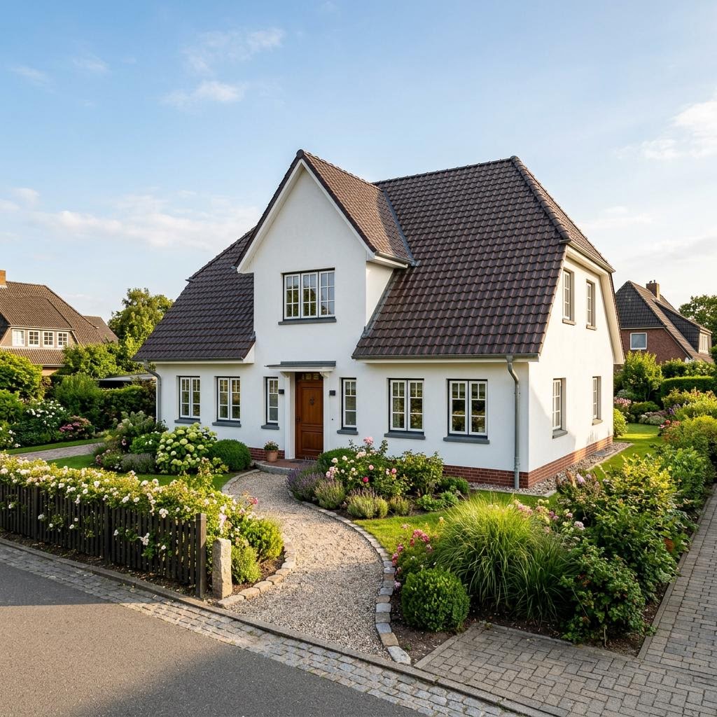 Friesenhaus Nordkate des Herstellers GUSSEK HAUS mit weißer Putzfassade und Sprossenfenstern