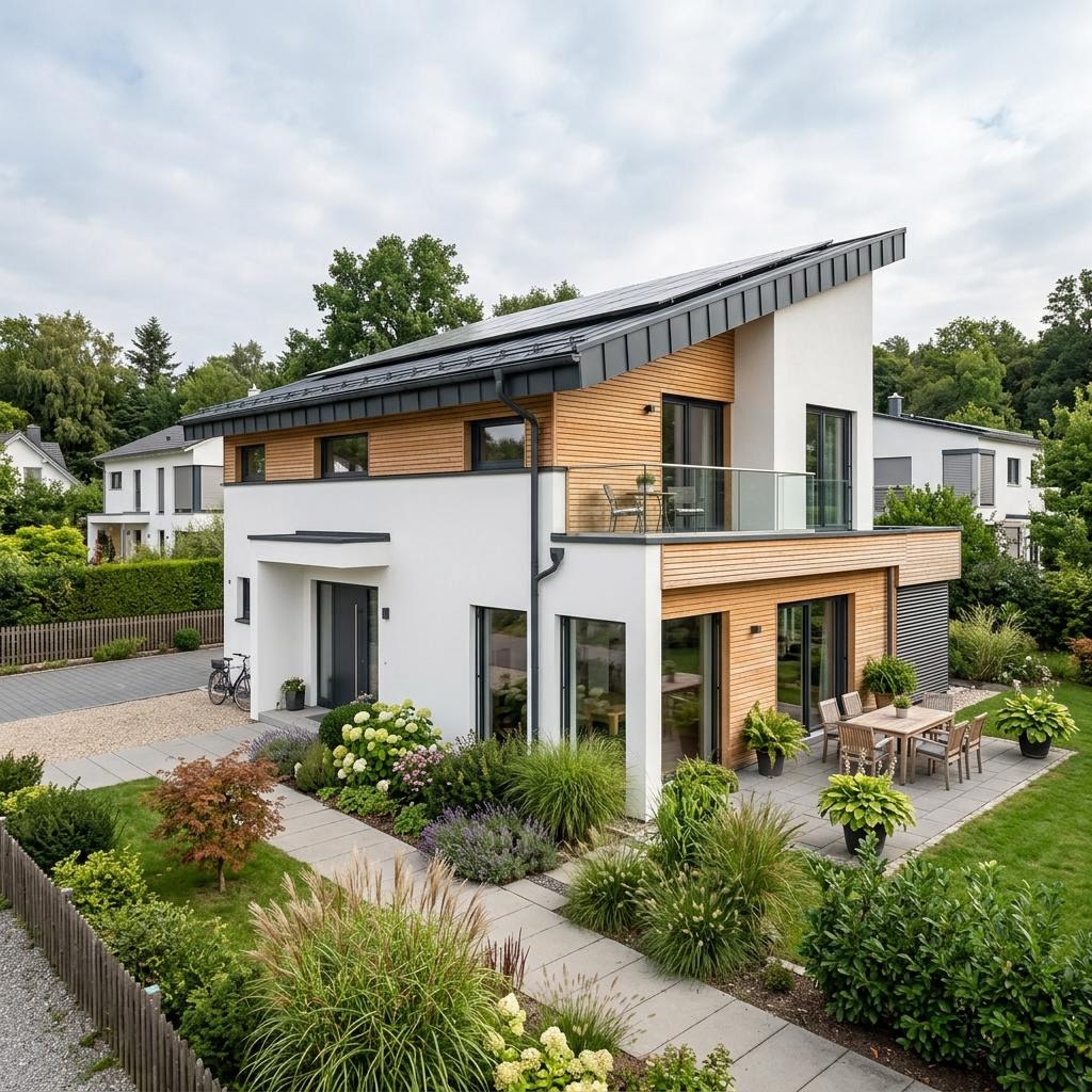 Pultdachhaus PultFamilie 144 des Herstellers GUSSEK HAUS mit weiträumigen Wohnzonen und Solardach