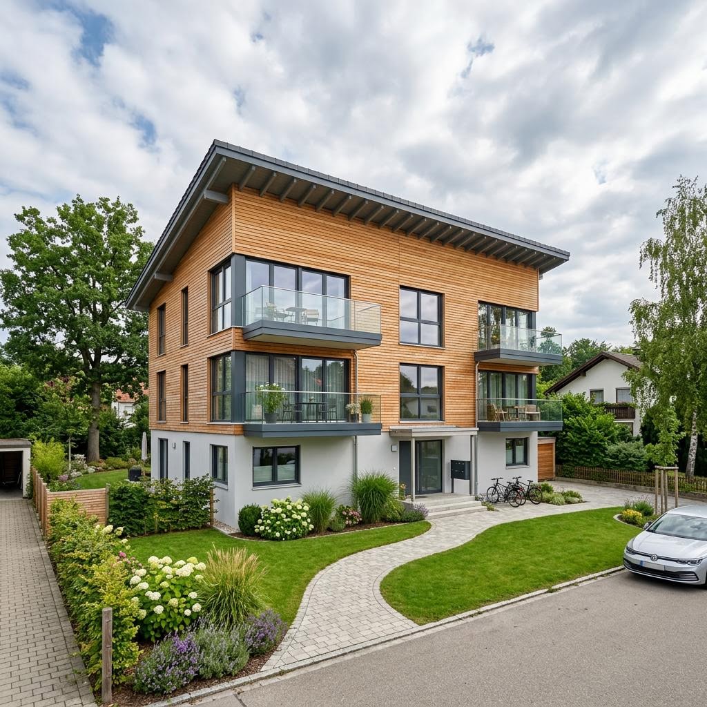 Mehrfamilienhaus 4 Wohneinheiten Pultdach des Herstellers Haas Fertigbau — Fertighausmodell mit rund 360 m²
