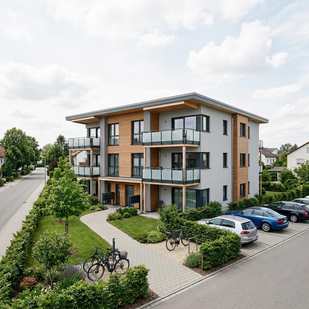 Mehrfamilienhaus 6 Wohneinheiten Flachdach des Herstellers Haas Fertigbau — Fertighausmodell mit rund 520 m²
