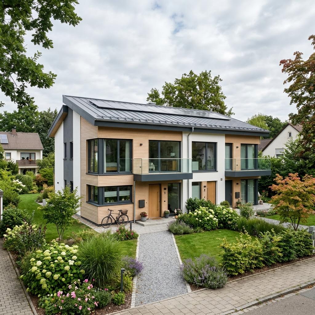 Mehrfamilienhaus Platzsparend mit drei Wohneinheiten des Herstellers Haas Fertigbau mit Pultdach — Holzfertighaus mit 255 m²