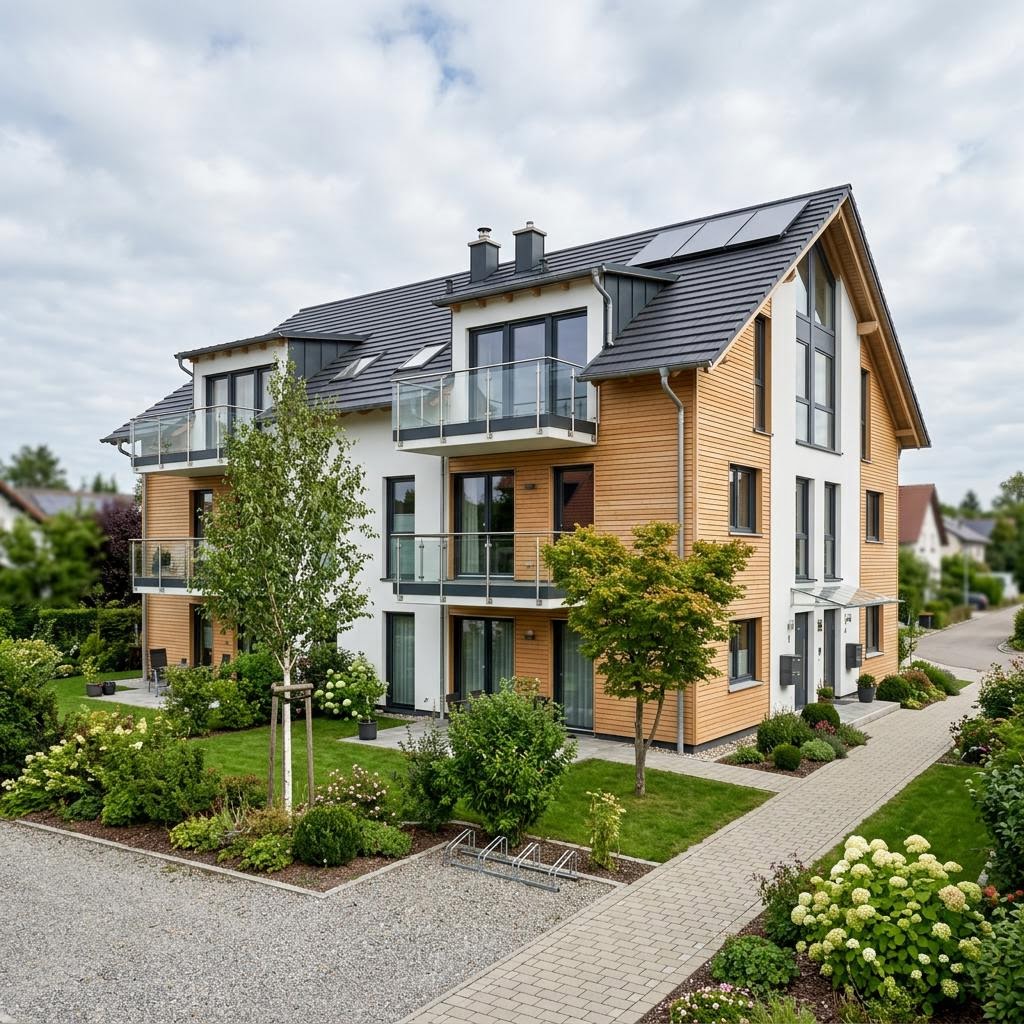 Mehrfamilienhaus Quartett mit vier Wohneinheiten des Herstellers Haas Fertigbau mit Satteldach — Holzfertighaus mit 340 m²
