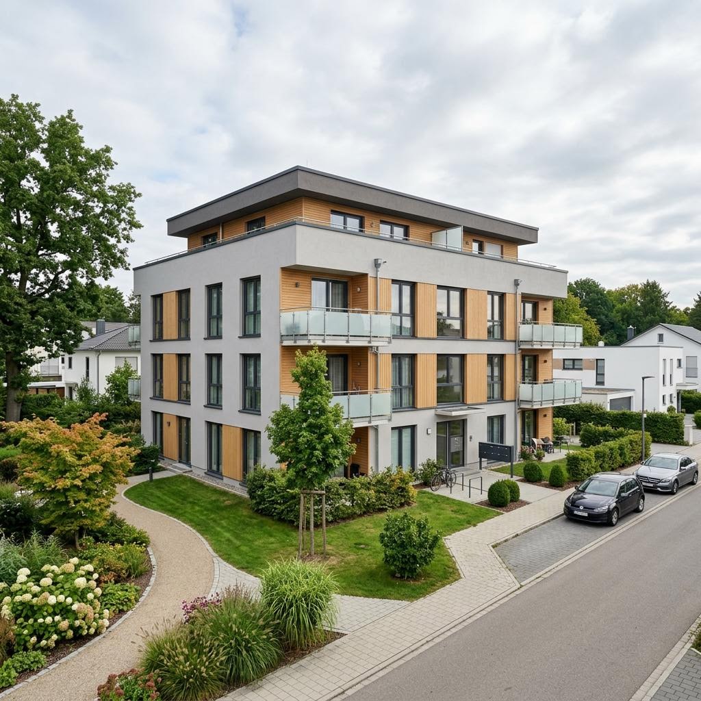 Mehrfamilienhaus Stadthaus mit zehn Wohneinheiten des Herstellers Haas Fertigbau mit Flachdach — Holzfertighaus mit 760 m²
