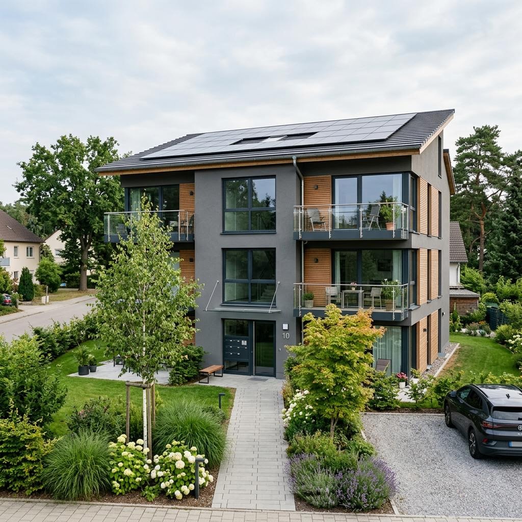 Mehrfamilienhaus Urban mit sechs Wohneinheiten des Herstellers Haas Fertigbau mit Pultdach — Holzfertighaus mit 480 m²