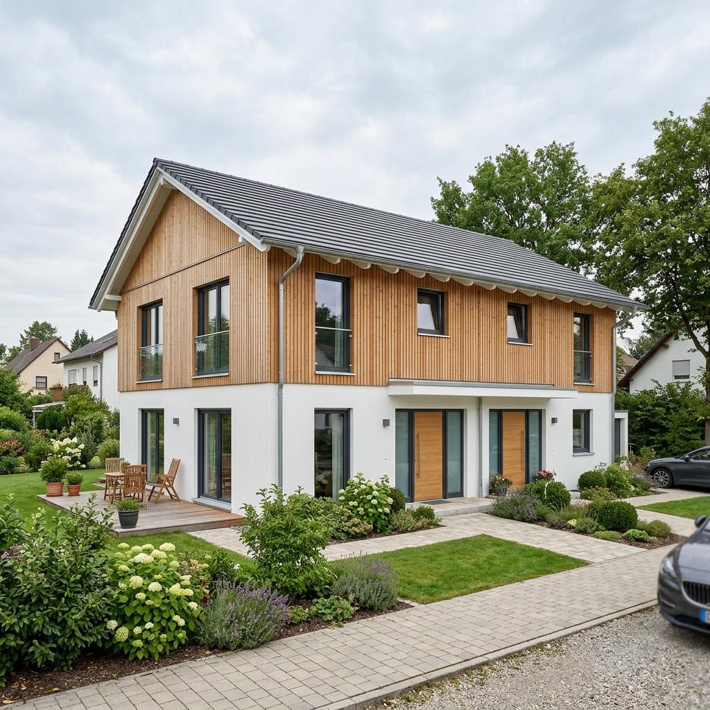 Mehrfamilienhaus Duo als Zweifamilienhaus des Herstellers Haas Fertigbau mit Satteldach — Holzfertighaus mit 210 m²