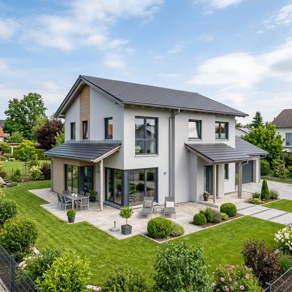 Doppelhaus Doppelhaus Atrio 132 des Herstellers Haas Fertigbau — Schleppdach, 132 m²