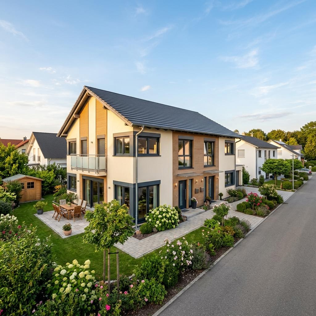 Zweifamilienhaus O 212 des Herstellers haas-haus in Holztafelbauweise mit Satteldach