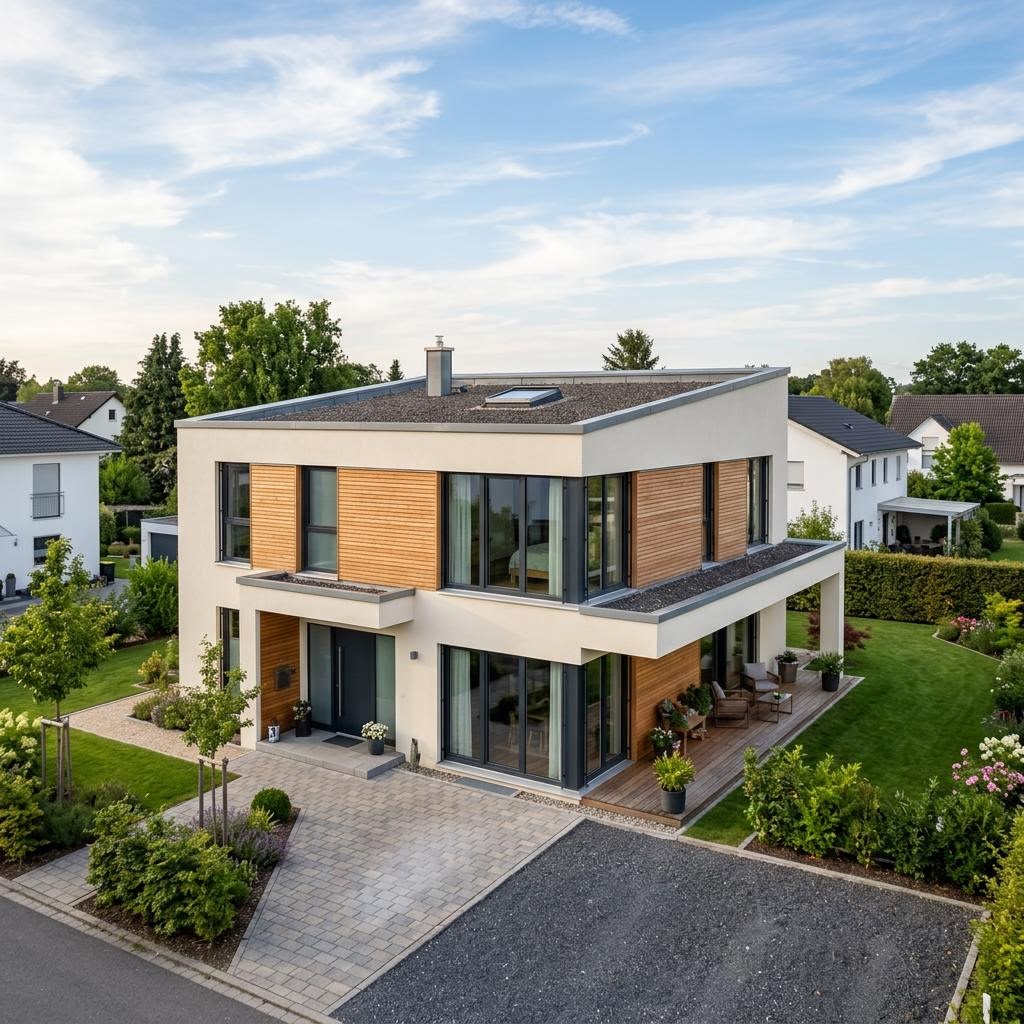 Kubushaus Variant 170 des Herstellers Hanse Haus mit Flachdach — kubisches Fertighaus im Bauhausstil mit 170 m²