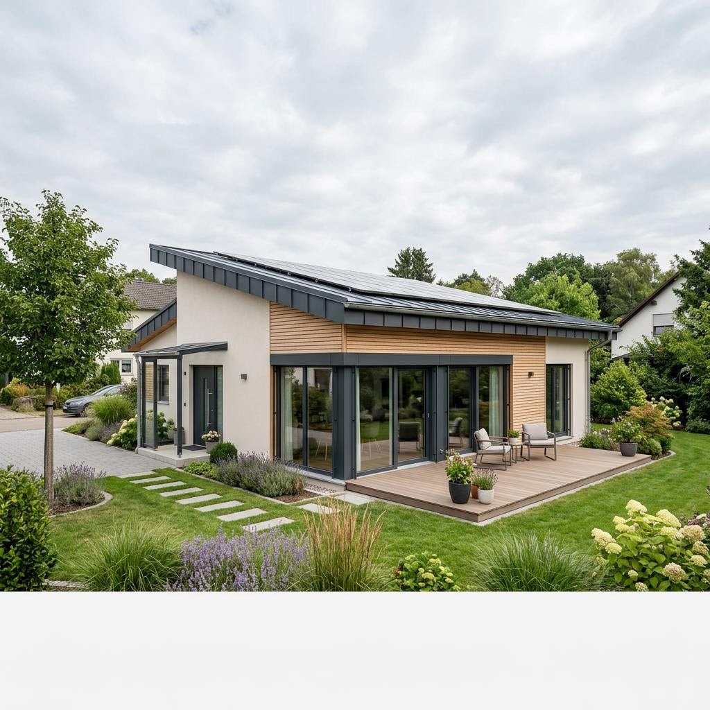 Pultdach-Bungalow Pult Bungalow Solar 115 des Herstellers Hanse Haus mit gehobener Ausstattung und Solardach
