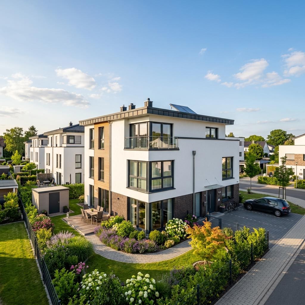 Reihenhaus Reihenendhaus Linea R140 des Herstellers Heinz von Heiden Massivhäuser mit Flachdach und 140 m² Wohnfläche