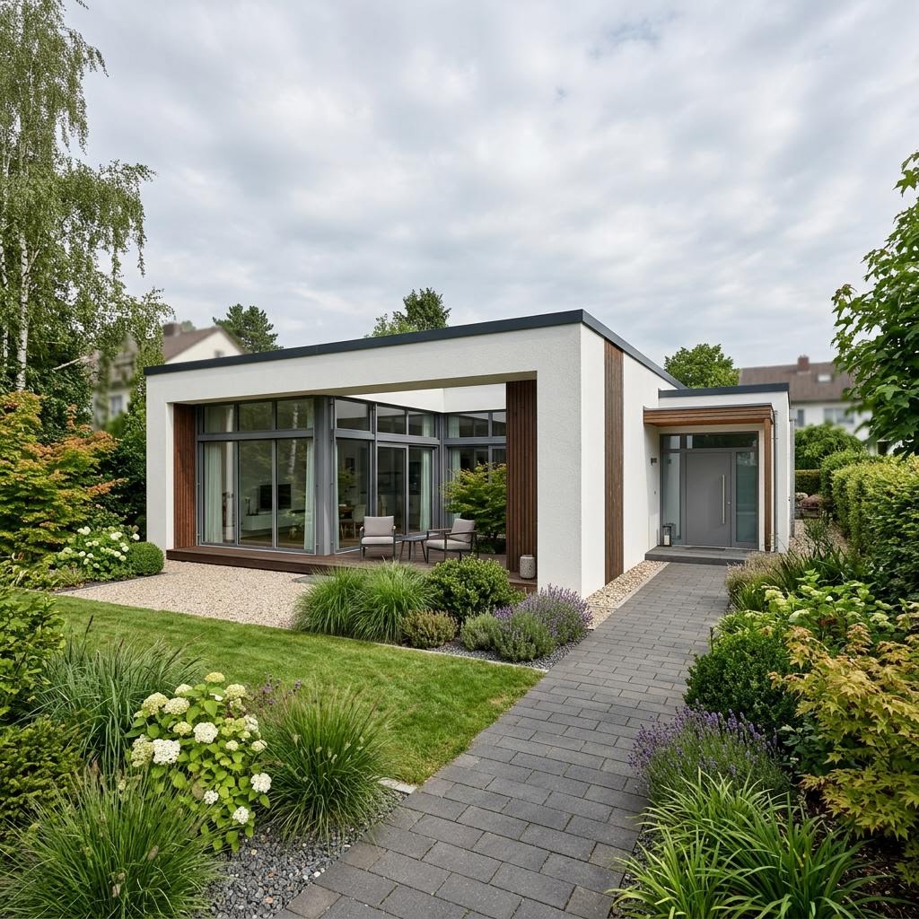 Atrium-Bungalow 146 des Herstellers HELMA Eigenheimbau mit Flachdach — massiv errichteter Bungalow mit Innenhof und 146 m²