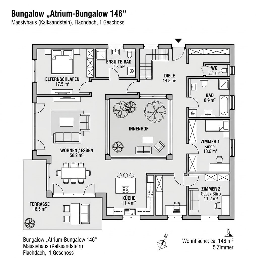Grundriss Atrium-Bungalow 146 von HELMA Eigenheimbau — 146 m², 5 Zimmer