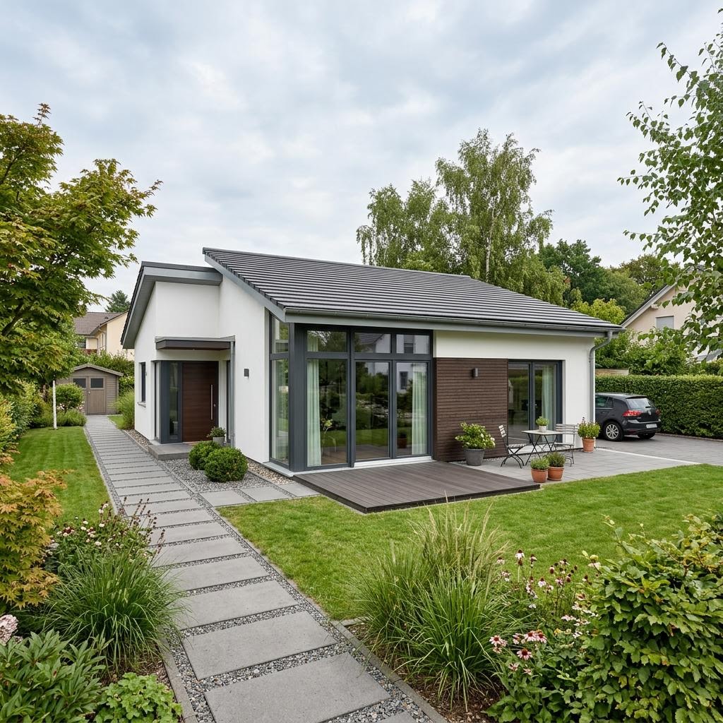 Bungalow Gartenzeile 106 des Herstellers HELMA Eigenheimbau mit Pultdach — massiv errichteter Bungalow mit 106 m²
