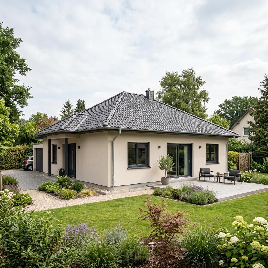 Bungalow Massivklar 122 des Herstellers HELMA Eigenheimbau mit Walmdach — massiv errichteter Familienbungalow mit 122 m²