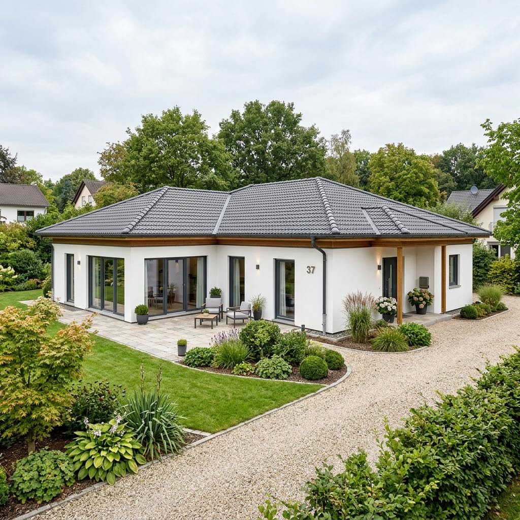 Winkelbungalow Massivwinkel 132 des Herstellers HELMA Eigenheimbau mit Walmdach — massiv errichteter Winkelbungalow mit 132 m²