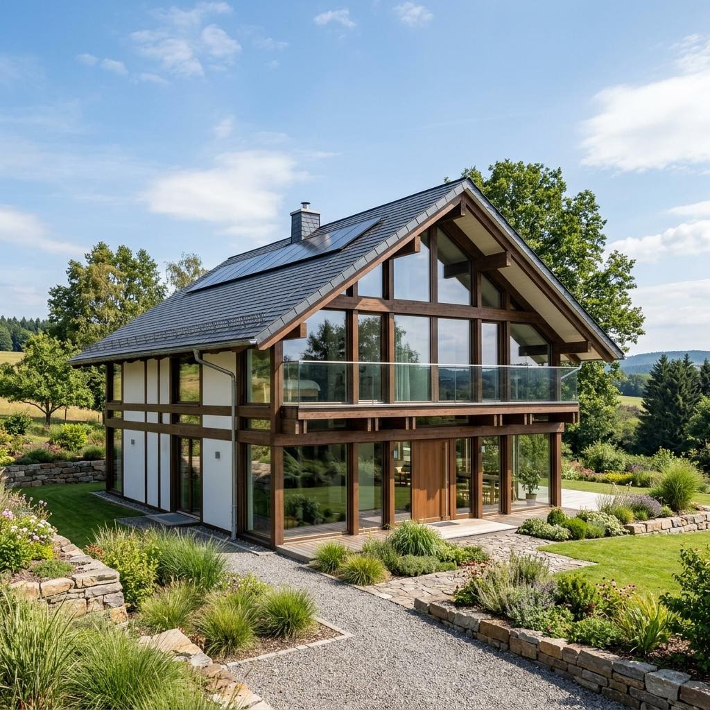 Fachwerkhaus des Herstellers KD-Haus mit sichtbarem Holzskelett und Fensterflächen — modernes Holzhaus mit 165 m²