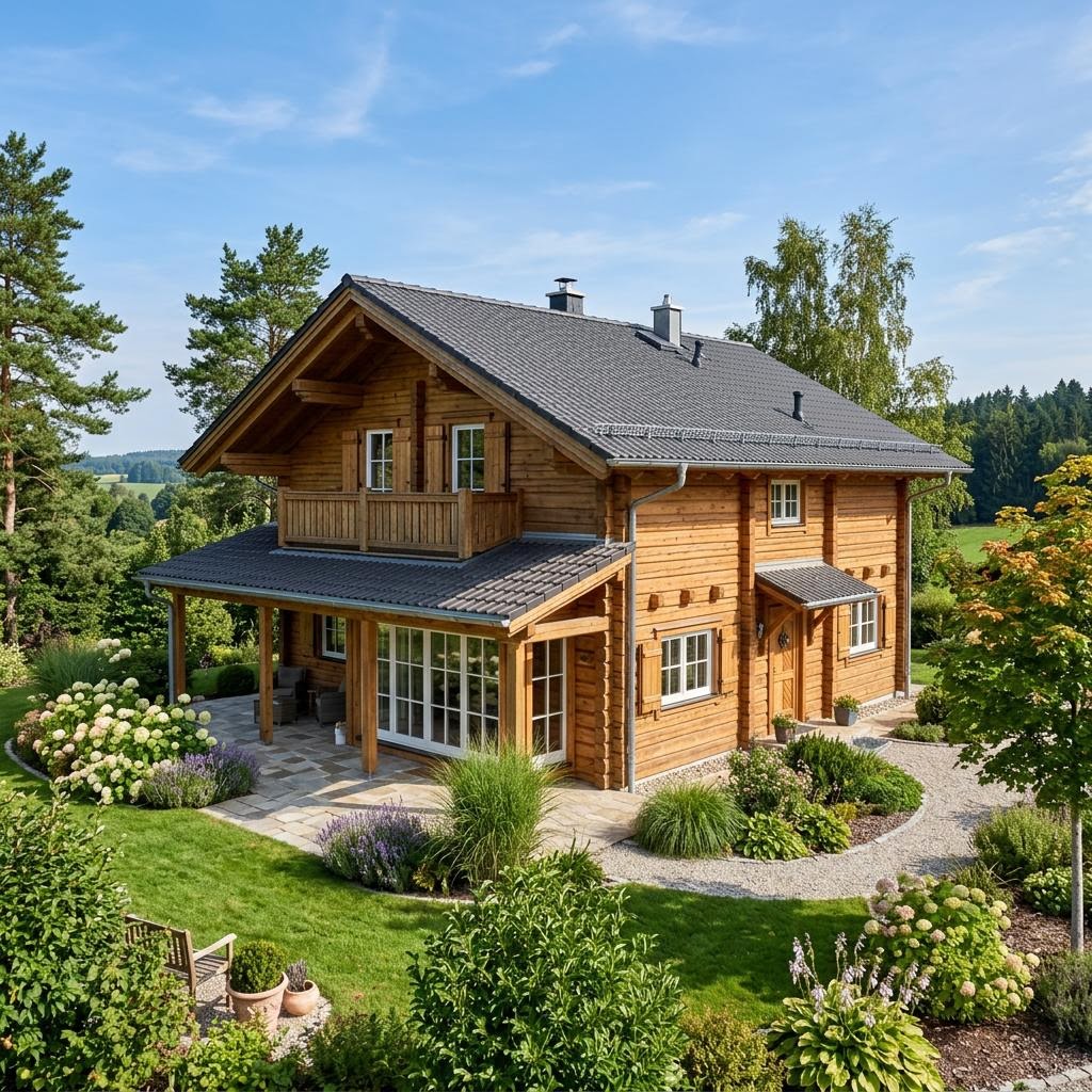Blockhaus Classic 150 des Herstellers LéonWood mit Satteldach — Massivholzhaus mit 150 m² Wohnfläche