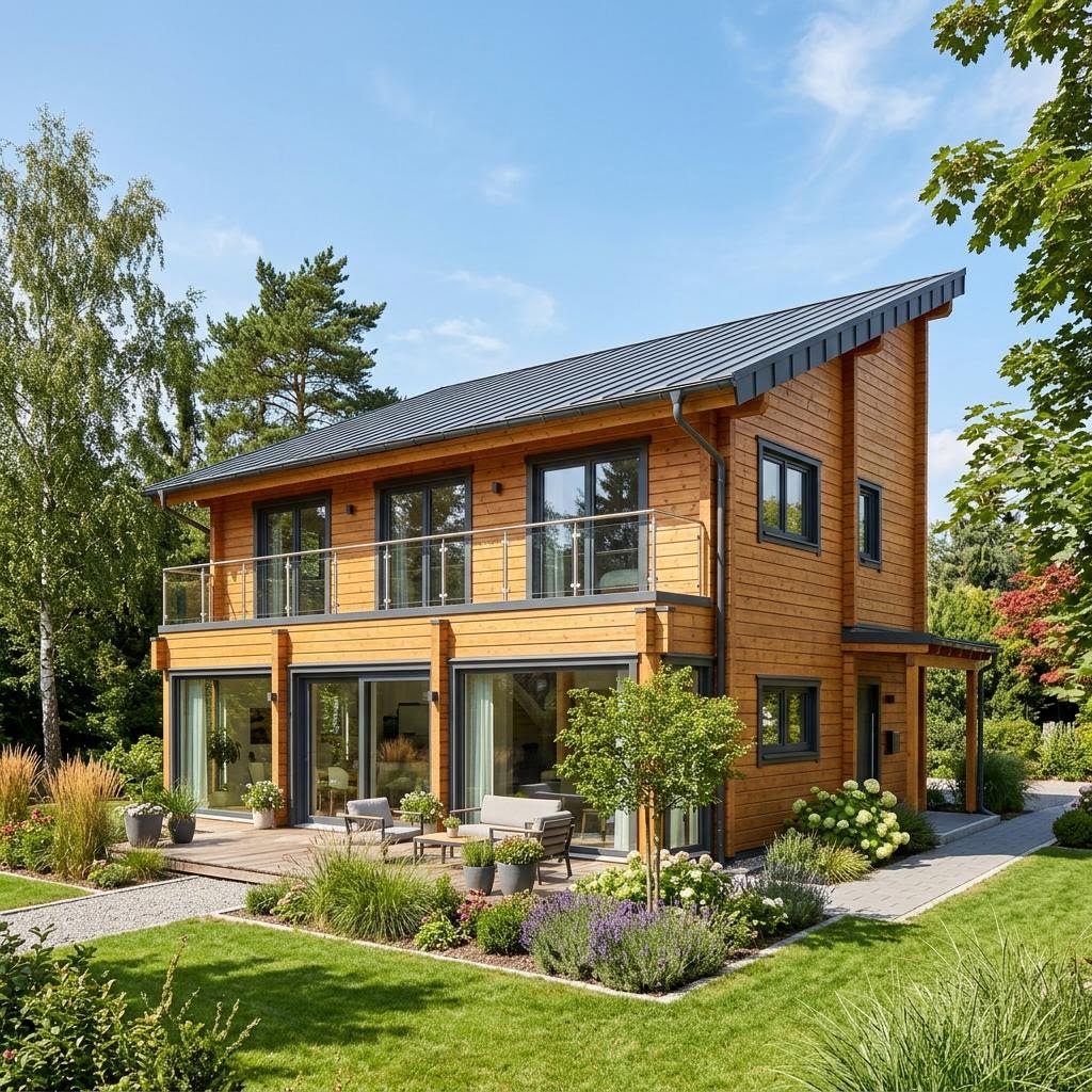 Blockhaus Cubus 130 des Herstellers LéonWood mit Pultdach — modernes Massivholzhaus mit 127 m²