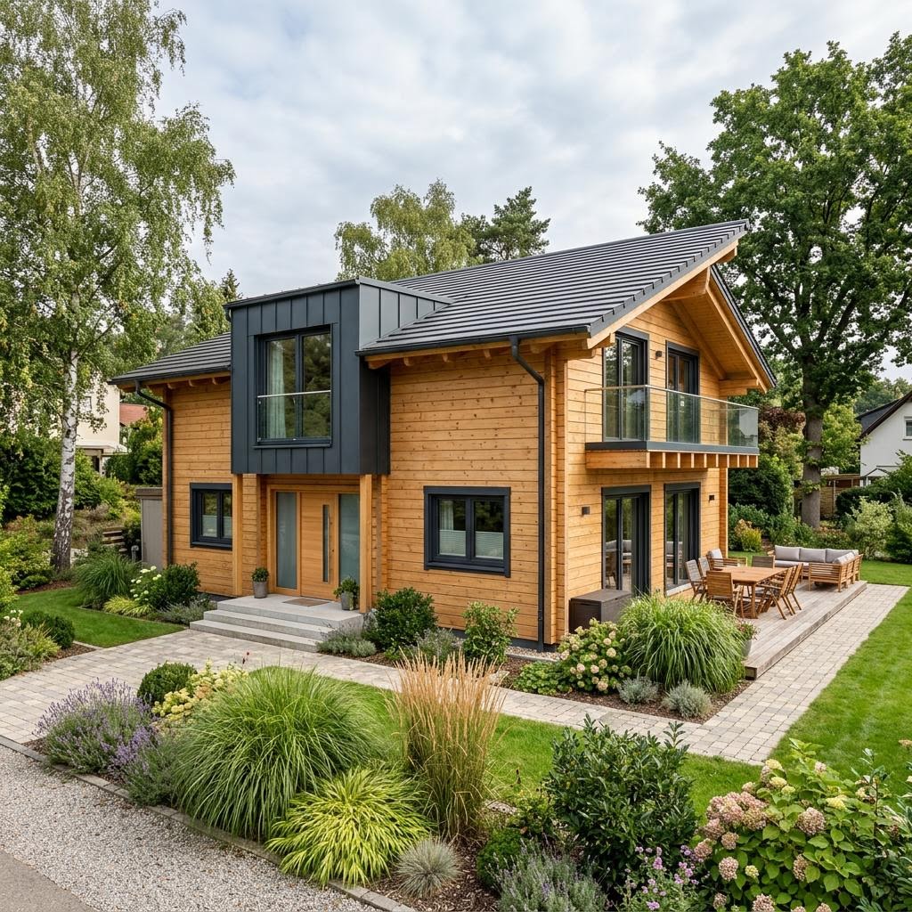 Modernes finnisches Blockhaus Aurora 156 des Herstellers Honka mit Pultdach und Fensterflächen