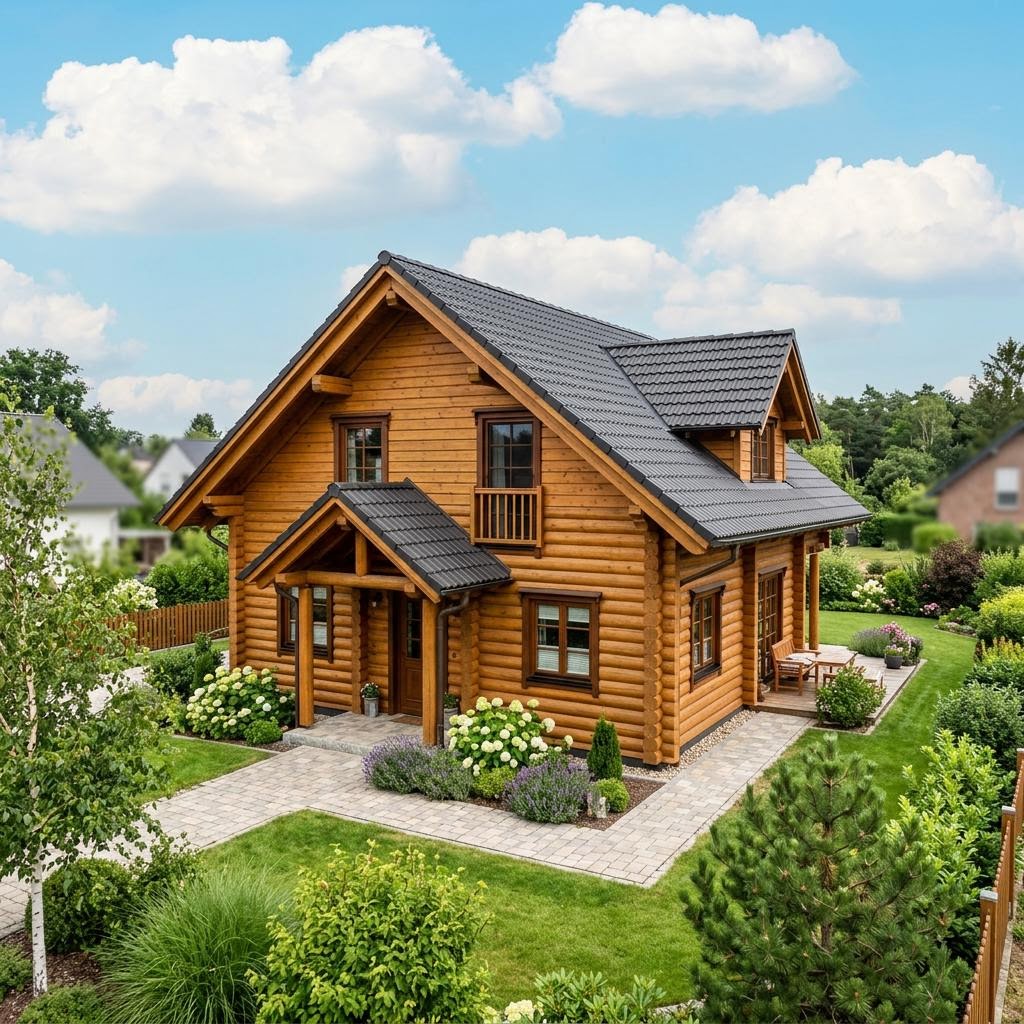 Blockhaus Aurora 132 des Herstellers Honka Blockhaus mit Satteldach — finnisches Massivholzhaus mit 132 m²