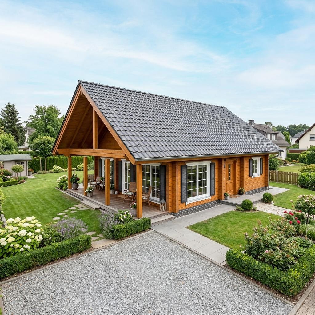 Blockhaus Kuusamo 112 des Herstellers Honka Blockhaus mit Schleppdach — ebenerdiges finnisches Massivholzhaus mit 112 m²