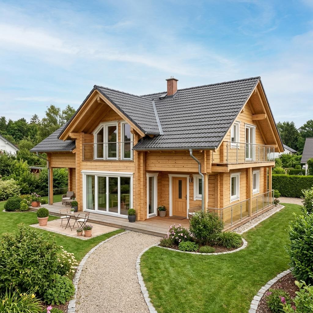Blockhaus Tahko 140 des Herstellers Honka Blockhaus mit Satteldach und Panoramafenstern — finnisches Massivholzhaus mit 140 m²