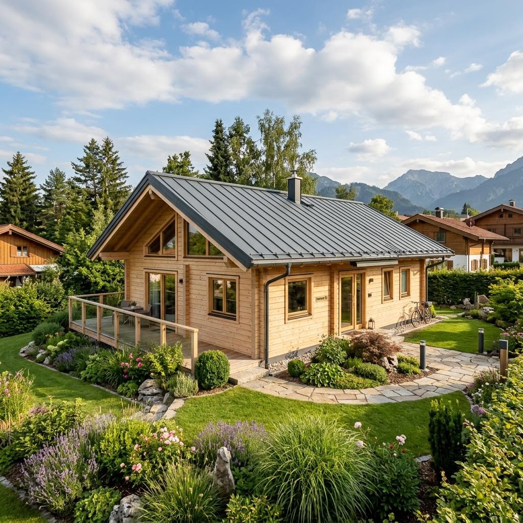 Chalet Chalet Enzian des Herstellers Honka mit Satteldach und Holzfassade