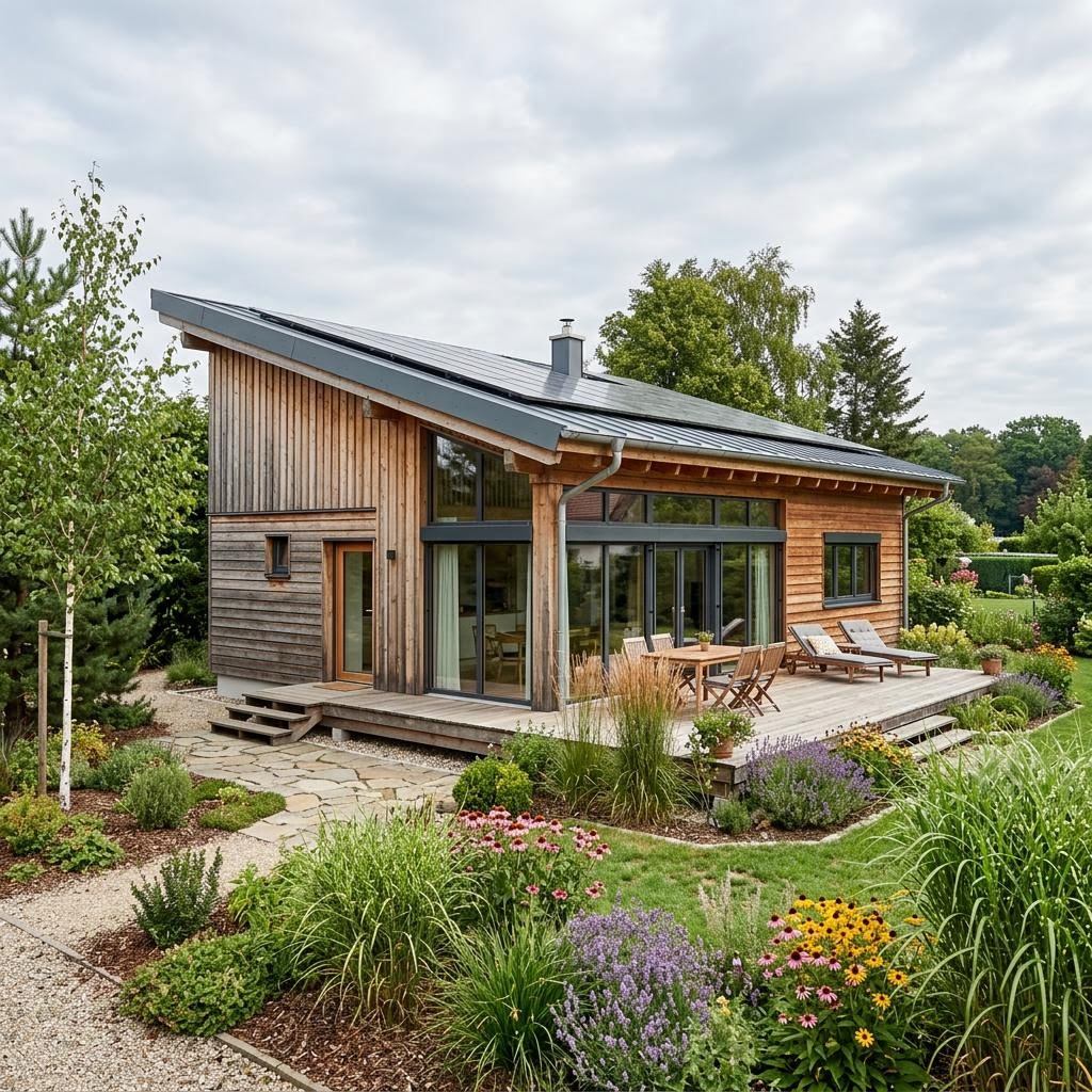 Ferienhaus Lakeland 72 des Herstellers Honka als modernes finnisches Blockhaus mit Pultdach und Glasfront