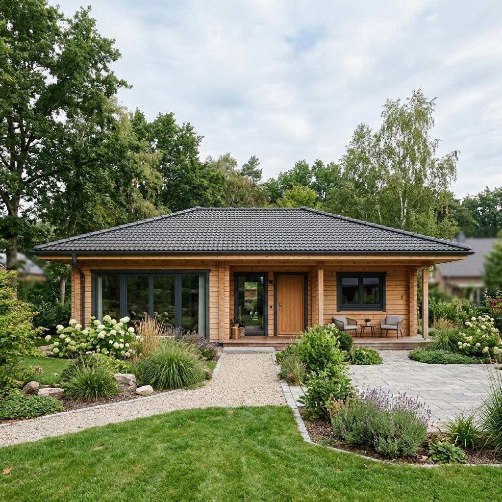 Blockhaus-Bungalow Lakka 102 des Herstellers Honka mit Walmdach aus Massivholz