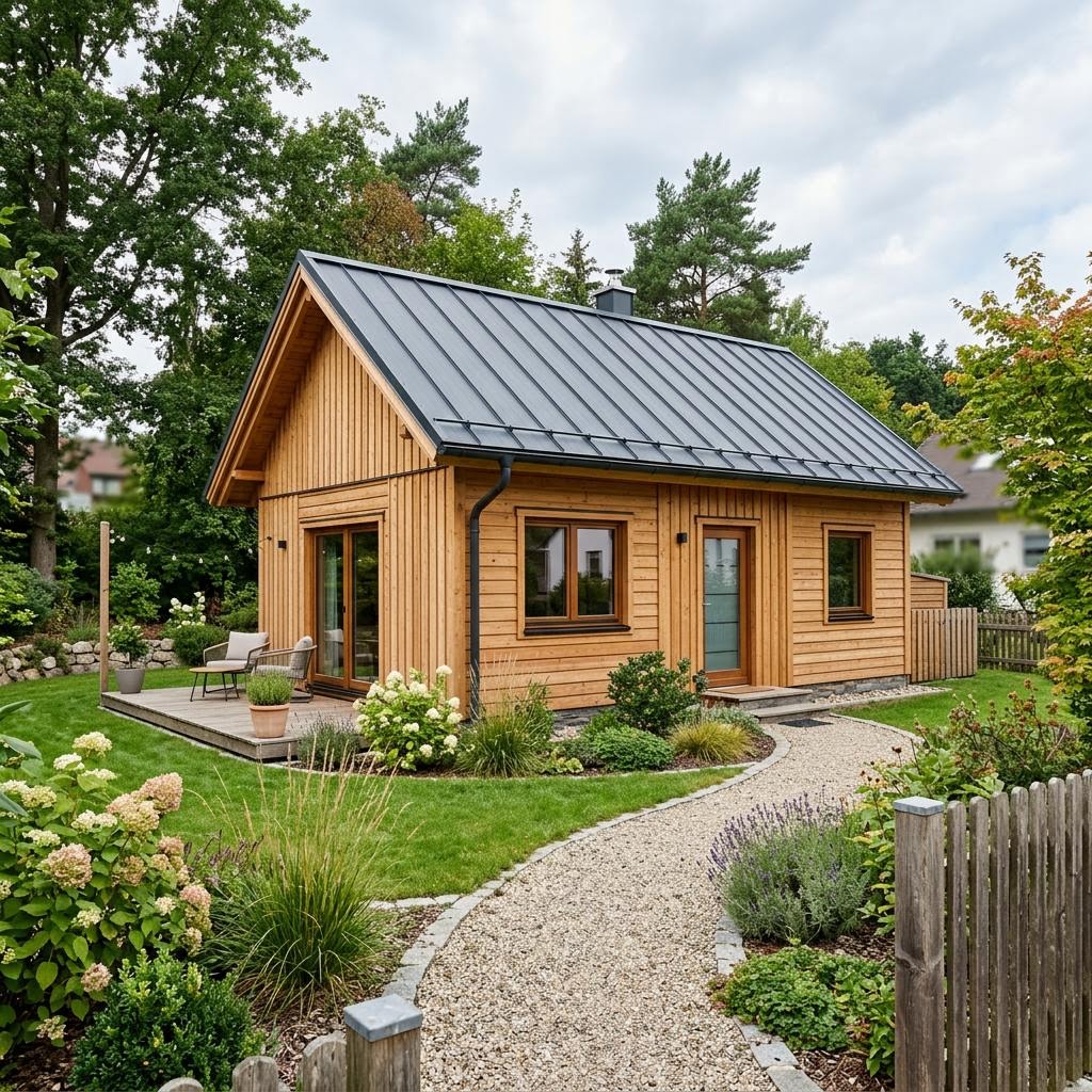 Ferienhaus Ruka 48 des Herstellers Honka als platzsparendes Rundbohlen-Blockhaus mit Terrasse