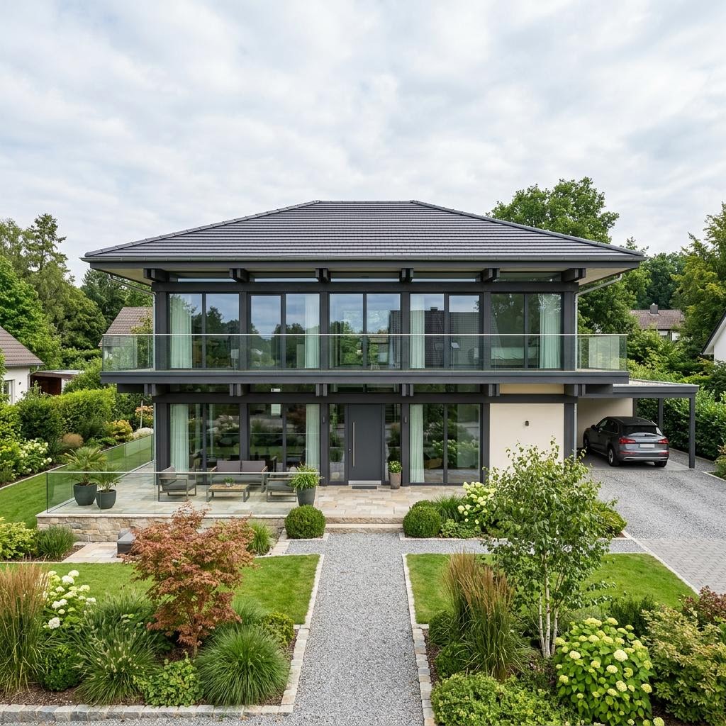Luxusvilla Grande Vista 220 des Herstellers HUF HAUS mit Panoramaglas und Wellnessbereich