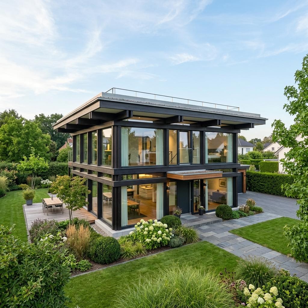 Kubushaus ART 178 des Herstellers HUF HAUS mit Flachdach — kubisches Glas-Fachwerkhaus im Bauhausstil mit 178 m²