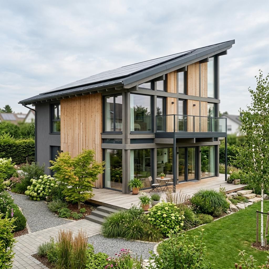 Pultdachhaus PultART 172 des Herstellers HUF HAUS im Fachwerk-Stil mit versetztem Dach und Photovoltaik