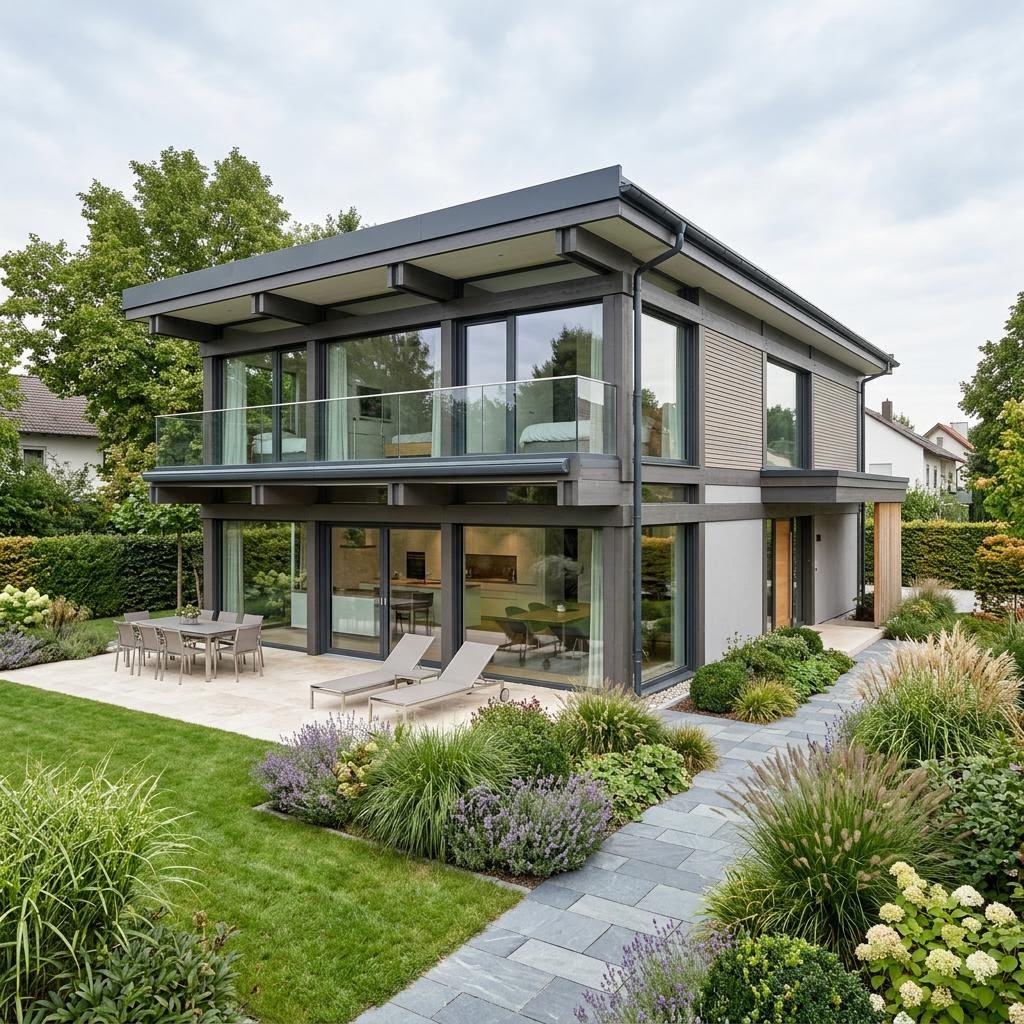 Luxusvilla Signature Lago 218 des Herstellers HUF HAUS mit Flachdach und auskragendem Obergeschoss
