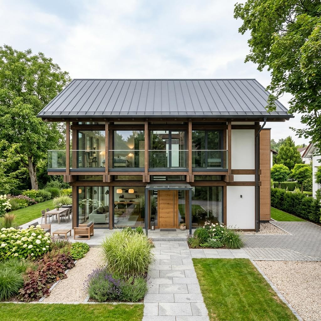Luxusvilla Signature One 210 des Herstellers HUF HAUS mit Fachwerk-Glas-Architektur und Wohnhalle